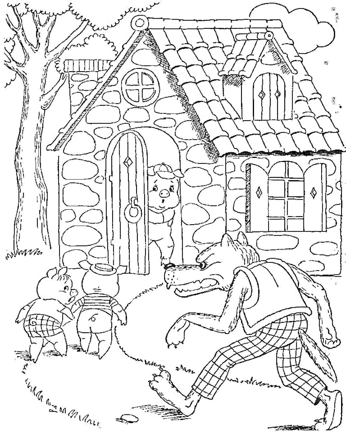 Раскраска Волк, трое поросят возле дома из камня, дерево и облака на заднем плане.