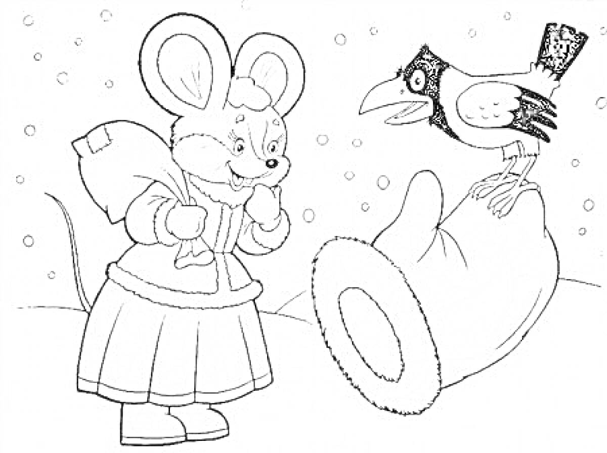 Раскраска Мышка в зимней одежде и ворона на варежке на снегу