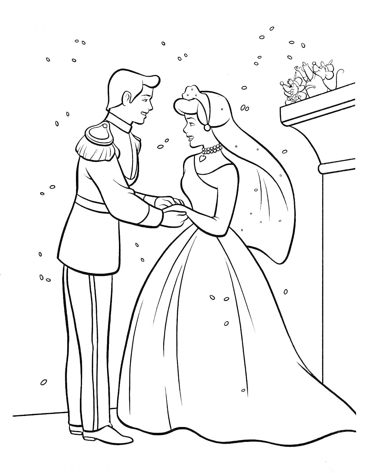 Раскраска Принц и Золушка держатся за руки, рядом колонна с цветами, вокруг падают лепестки