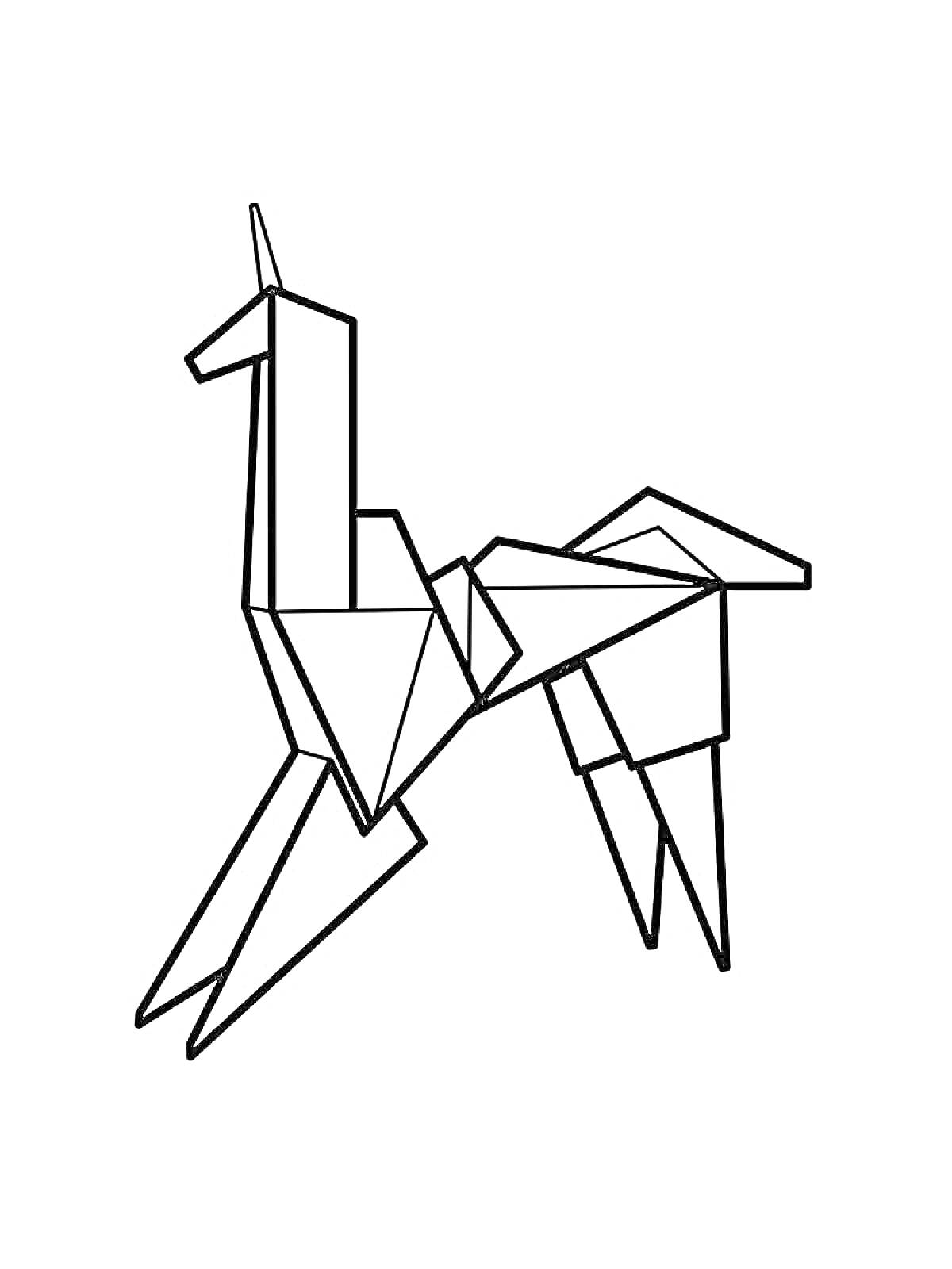 На раскраске изображено: Оригами, Бумага, Лошадь, Творчество, Геометрические фигуры, Искусство
