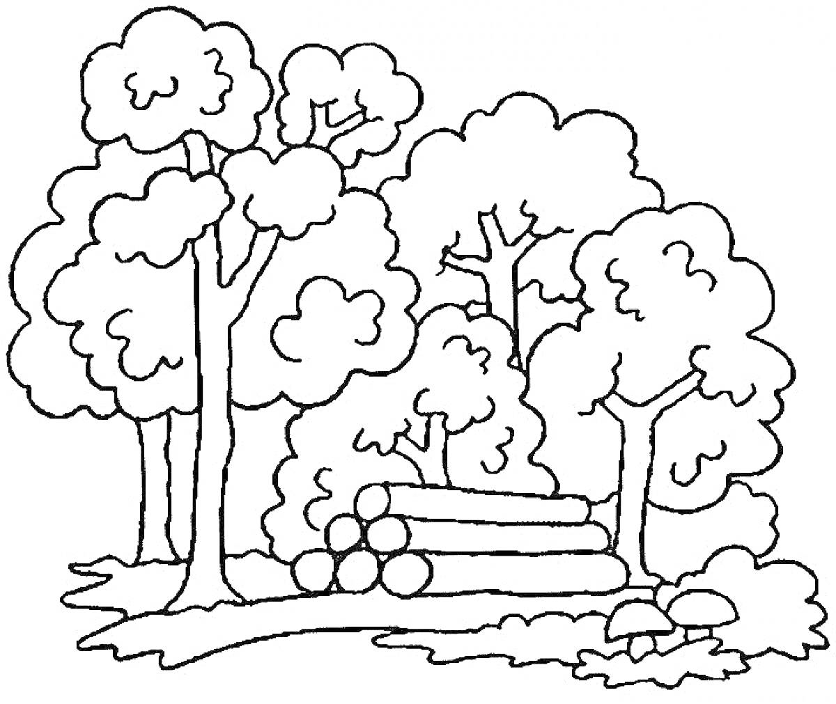 На раскраске изображено: Лес, Деревья, Кусты, Природа, Бревно