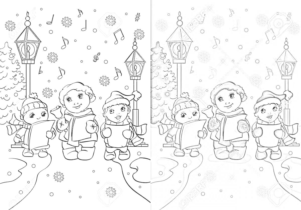 На раскраске изображено: Колядки, Зимние праздники, Снег, Музыка, Ноты, Рождество, Новый год