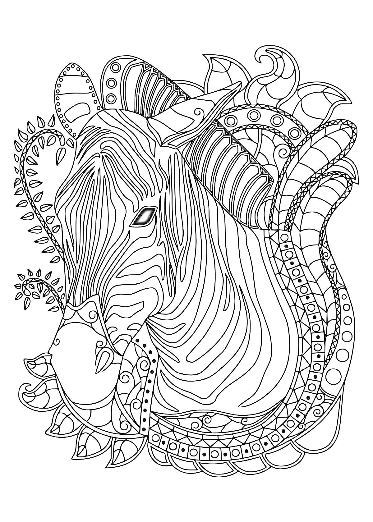 Раскраска Узоры с антилопой, окруженной растительными мотивами и абстрактными элементами