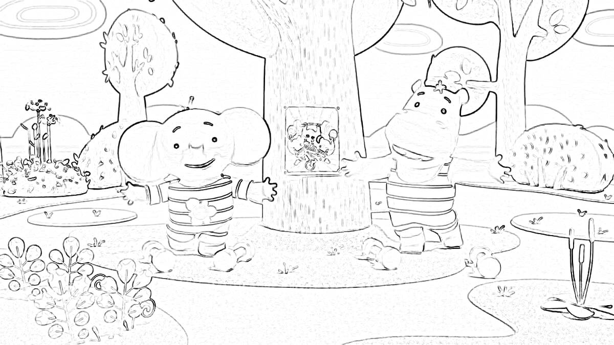 Раскраска Два персонажа (слонёнок и бегемот) в полосатых костюмах на фоне природы, держат картину около дерева
