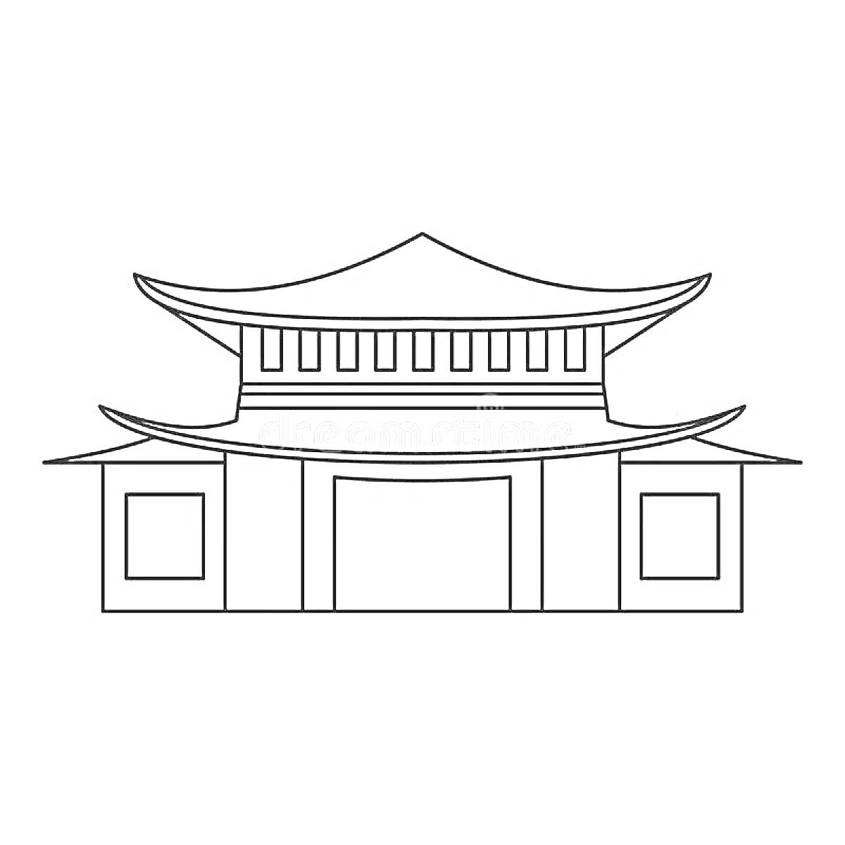 Раскраска Пагода с изогнутой крышей, центральным входом и четырьмя окнами