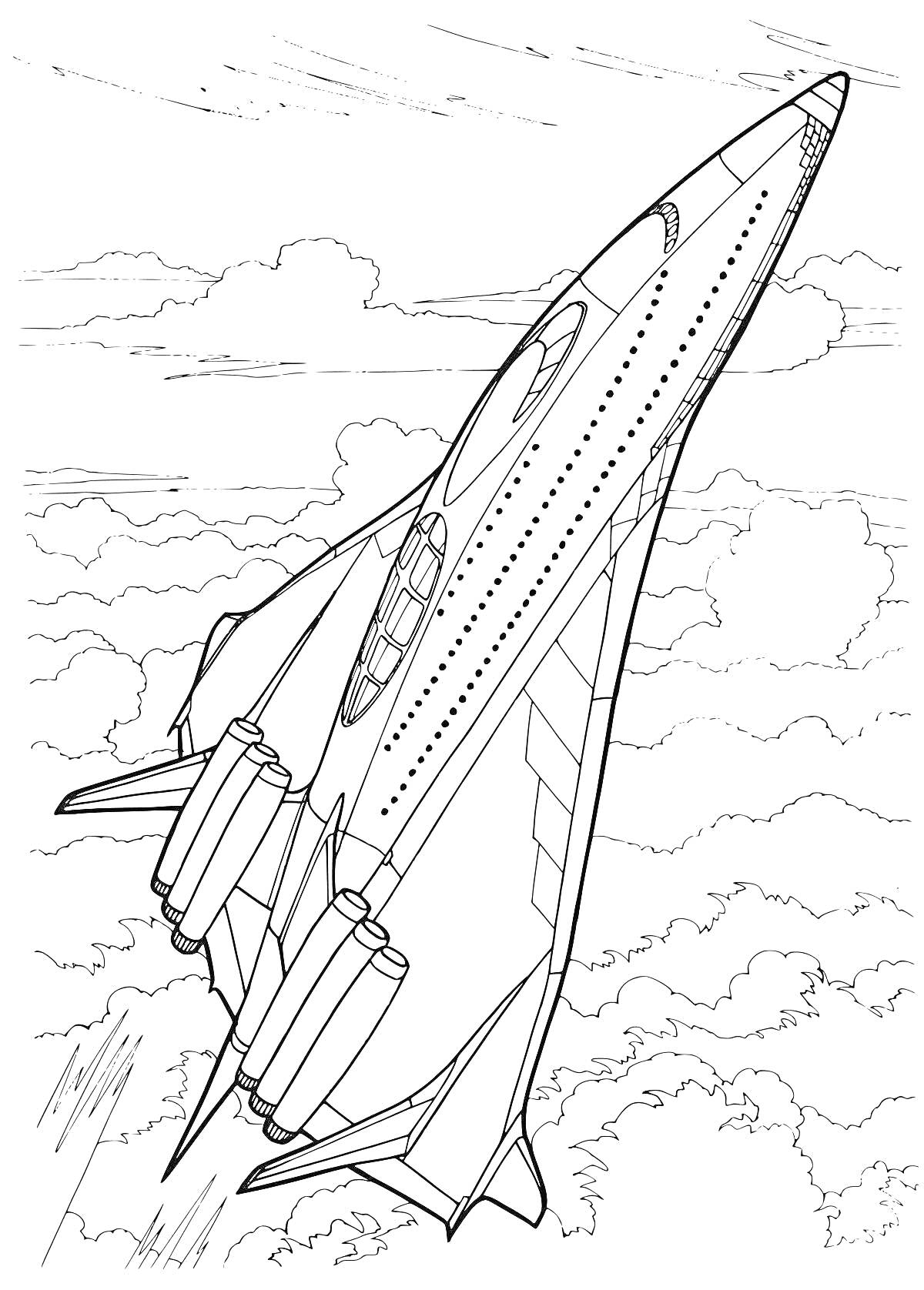 На раскраске изображено: Космический корабль, Взлет, Облака, Небо, Ракета, Космическая техника, Авиация, Будущее
