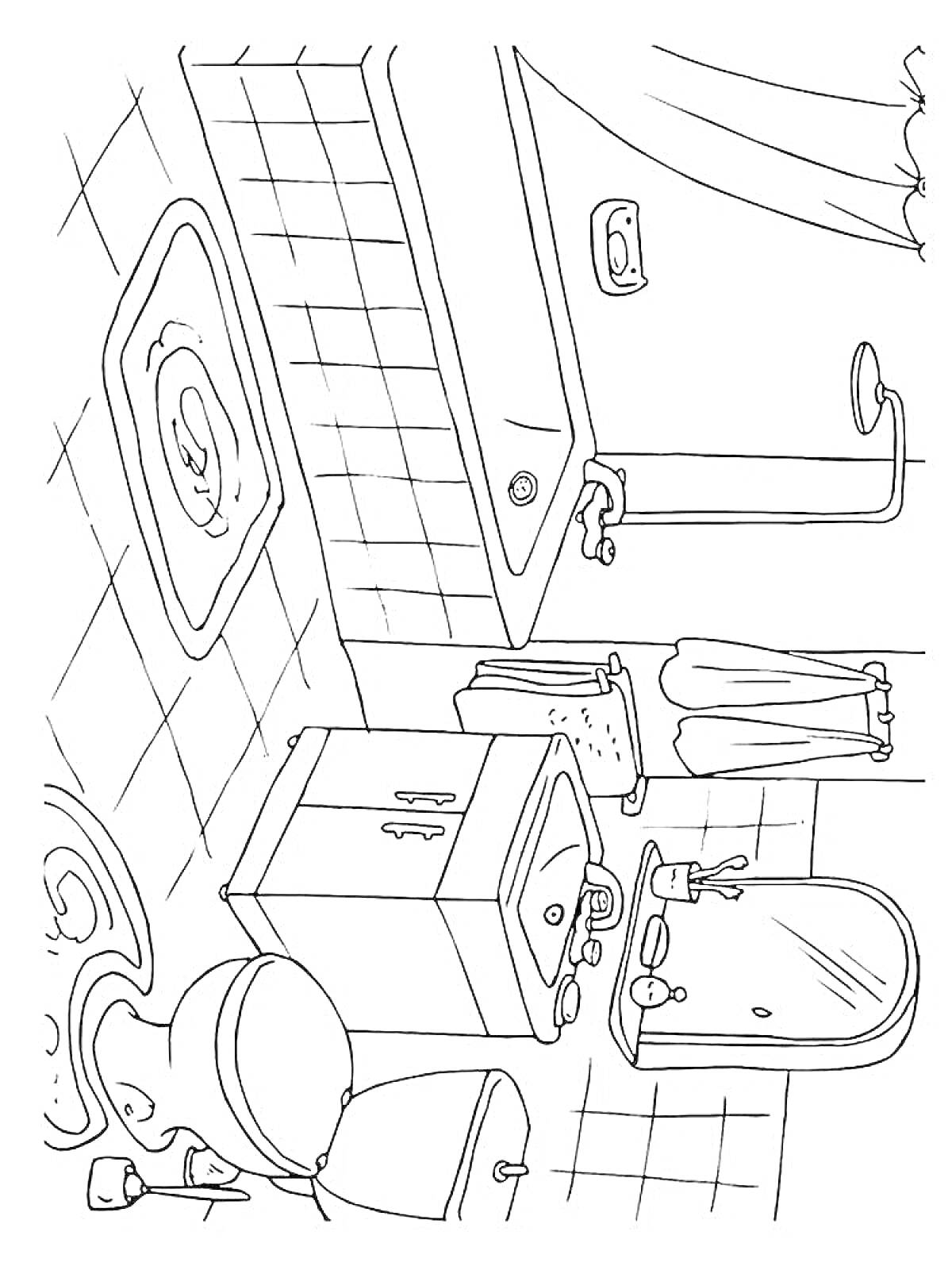 На раскраске изображено: Раковина, Ванна, Зеркало, Унитаз, Полотенце, Сантехника, Смеситель, Плитка