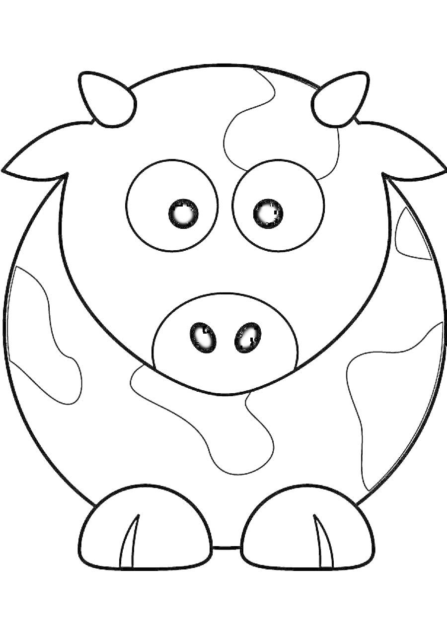 На раскраске изображено: Корова, Большие глаза, Пятна, Копыта, Домашние животные