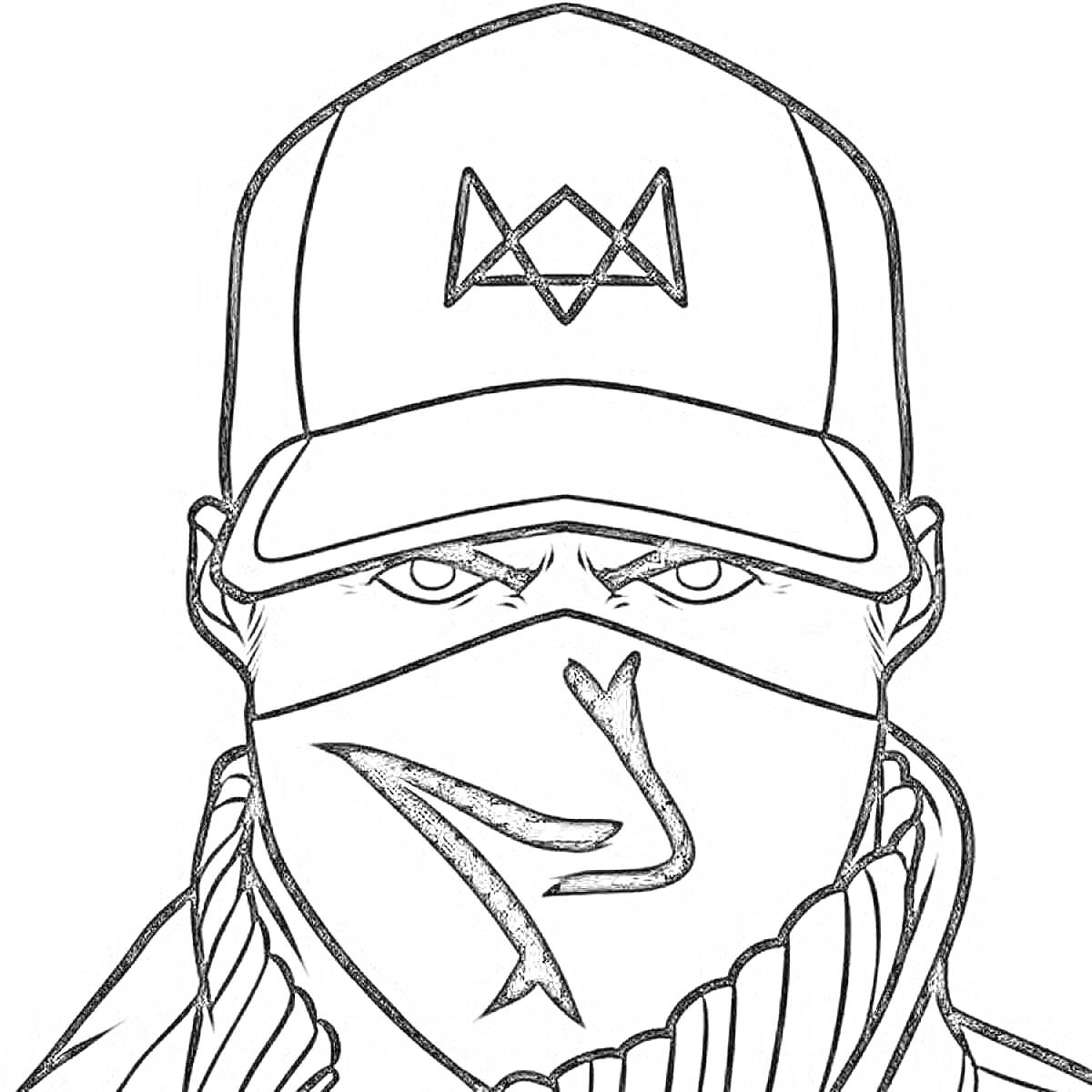 Раскраска Мужчина в кепке с логотипом и маске с символом