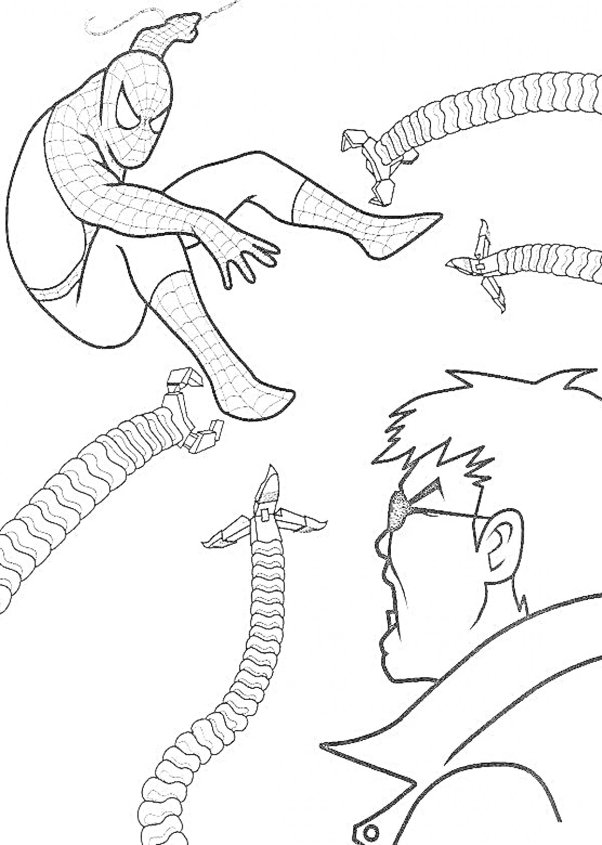 На раскраске изображено: Человек-паук, Доктор осьминог, Механические щупальца, Супергерои, Комиксы, Борьба