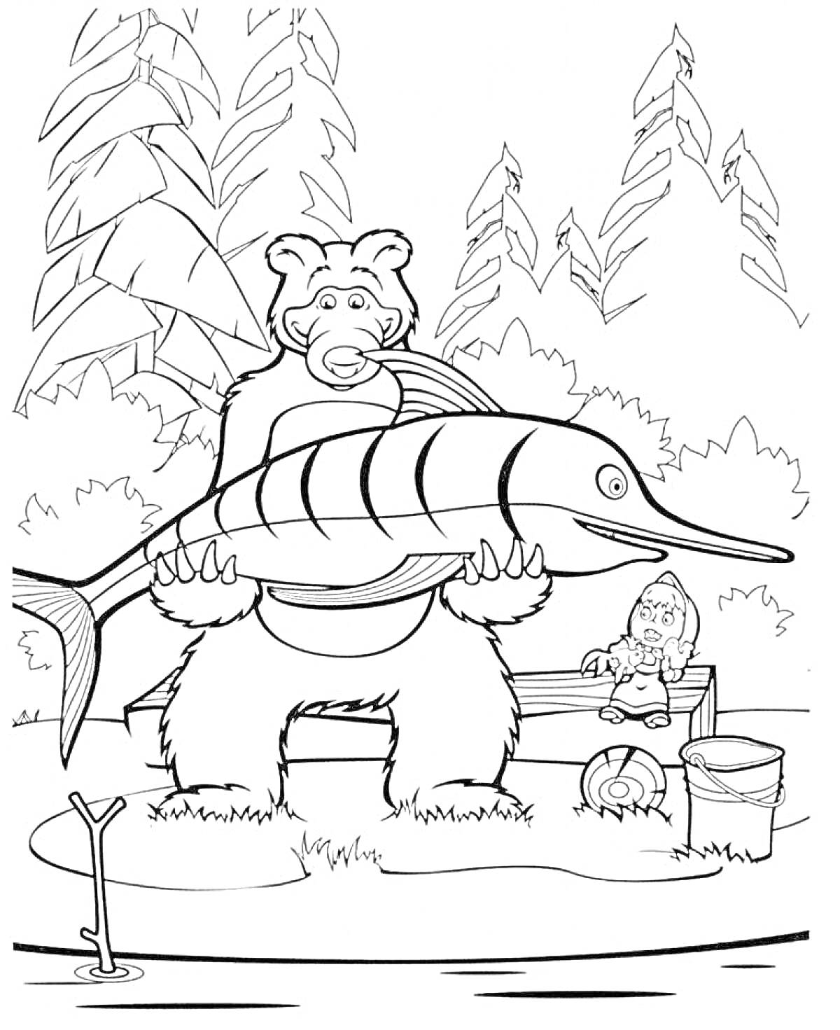 Раскраска Миша с пойманной рыбой, Маша на скамейке, лес на заднем плане