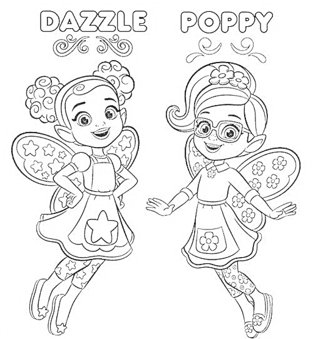 Раскраска Dazzle и Poppy с крыльями, в фартуках на фоне узоров