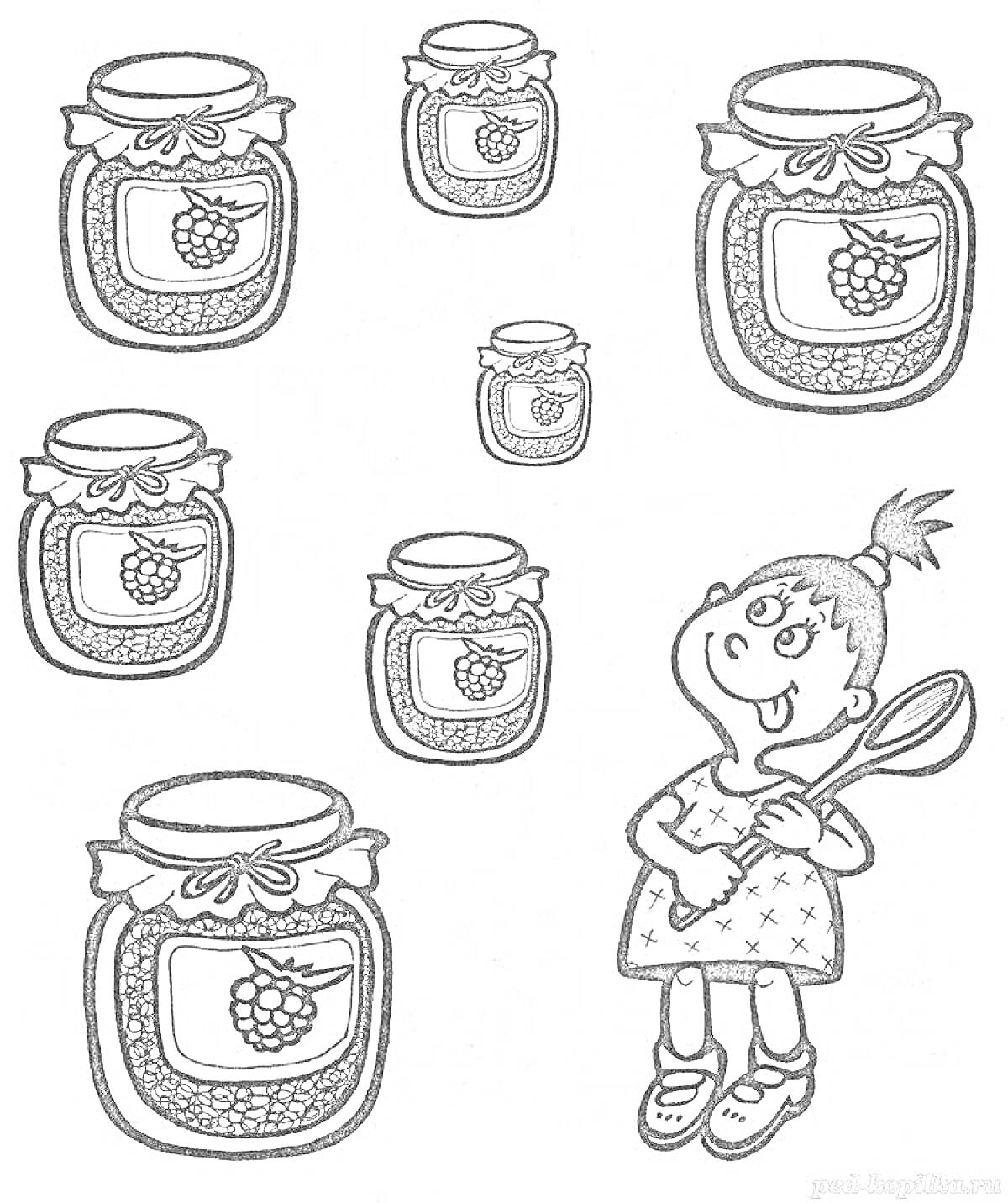 Раскраска Девочка с ложкой и банки варенья
