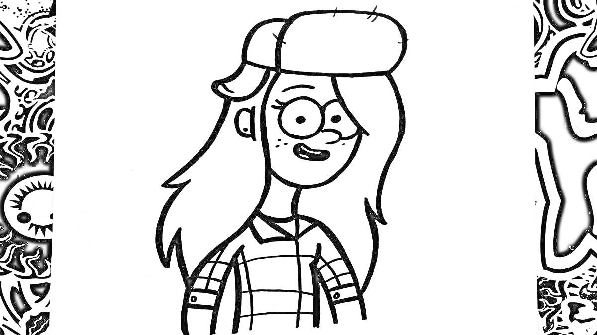 Раскраска Девушка с длинными волосами и шапкой в клетчатой рубашке на фоне абстрактного узора