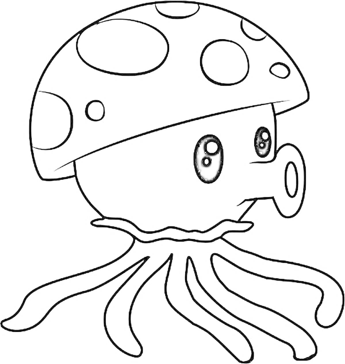 Раскраска Гриб, подводный стиль, с щупальцами и пятнами на шляпке