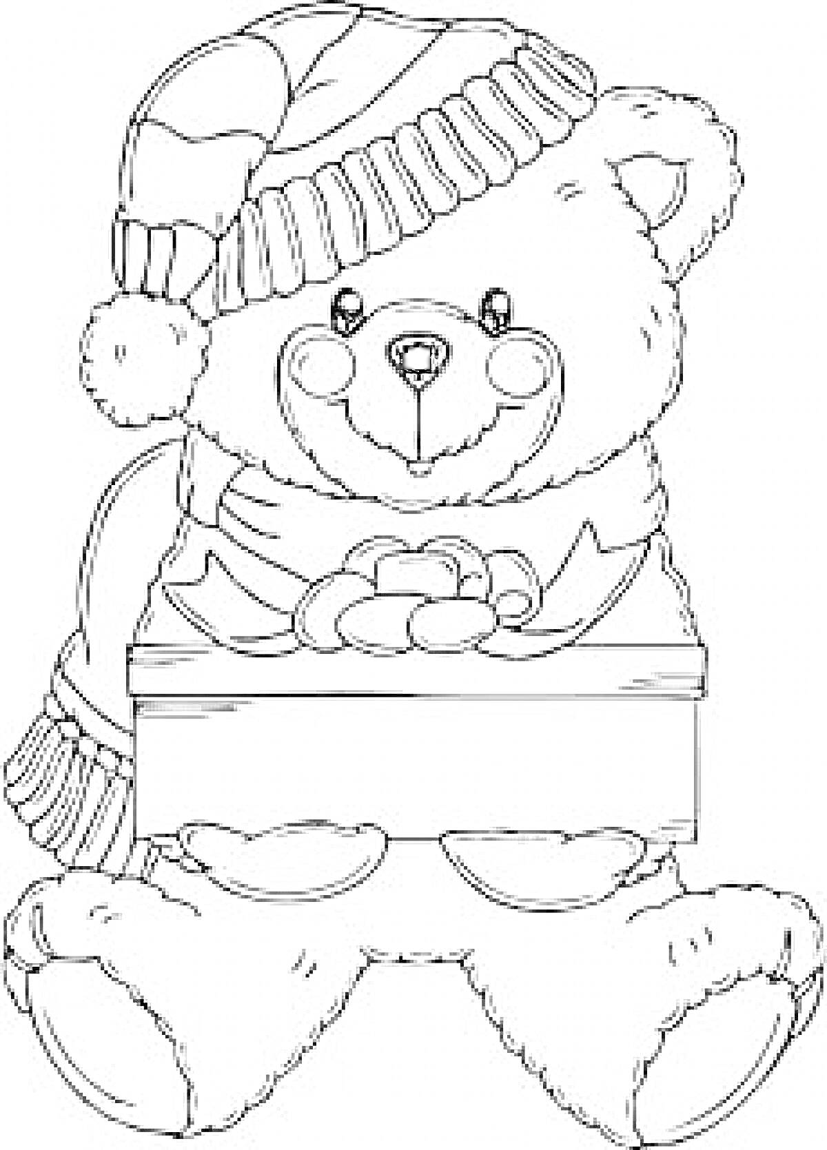 На раскраске изображено: Медведь, Шарф, Зима, Подарки, Колпаки, Новый год, Праздники