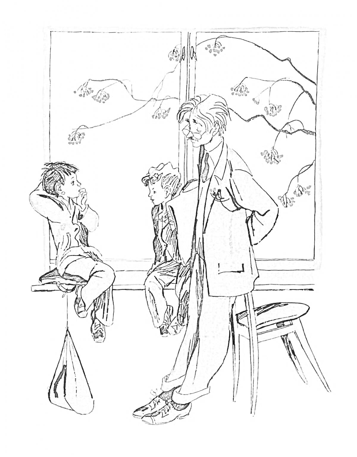 Раскраска Пожилой человек с двумя детьми на фоне окна с деревьями