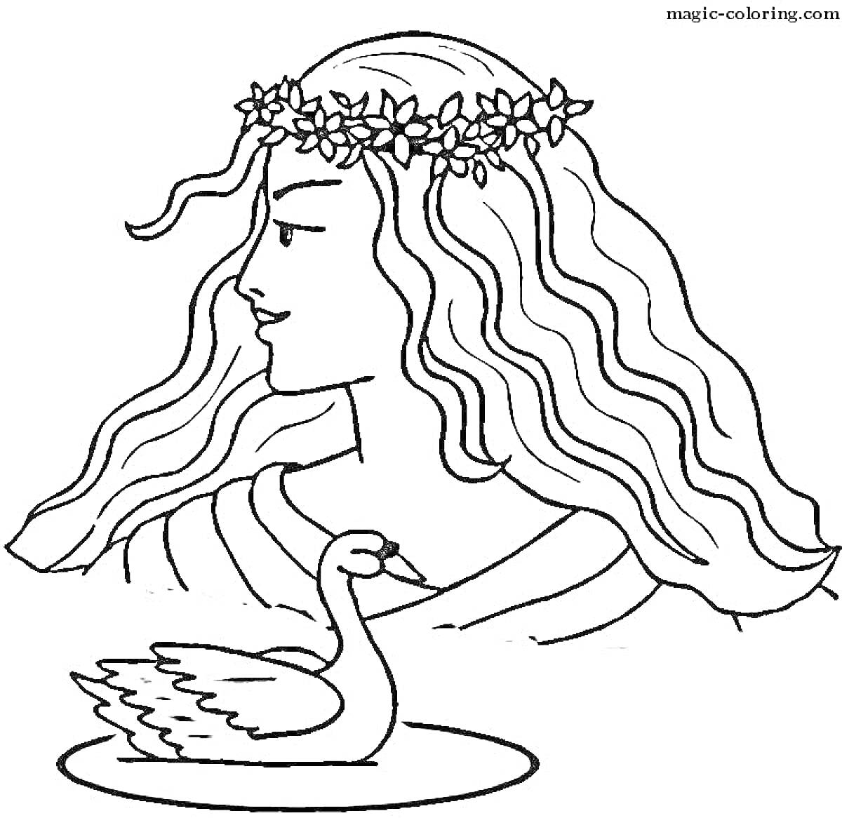 На раскраске изображено: Лебедь, Женский персонаж, Вода, Венок, Волосы, Принцесса