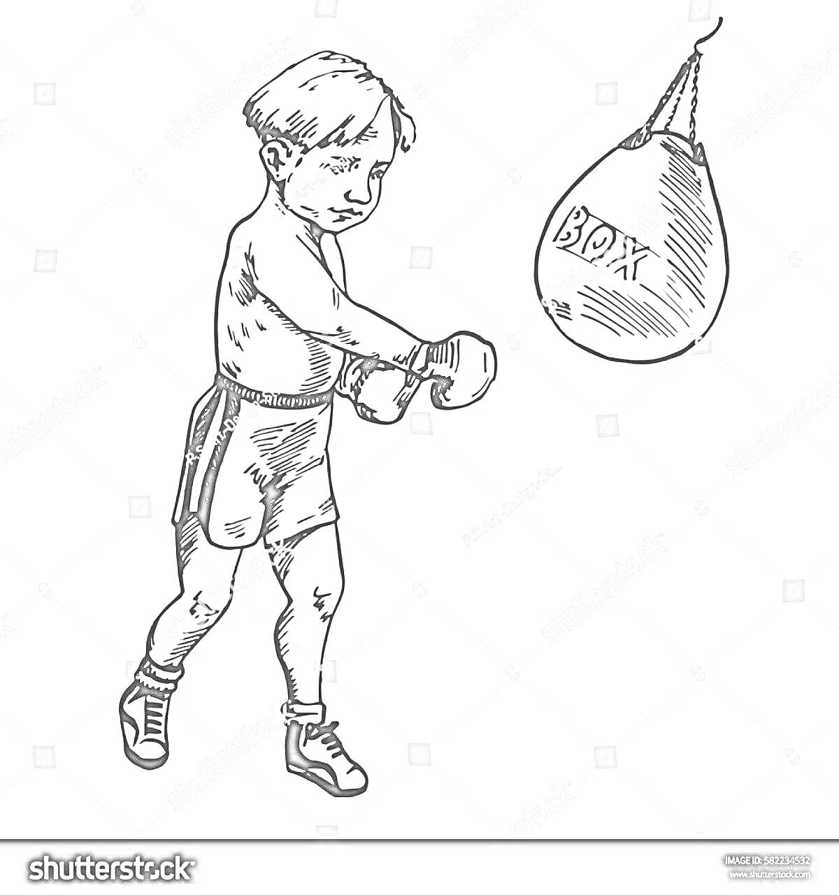 На раскраске изображено: Бокс, Бой, Мальчик, Тренировка, Спорт, Перчатки, Детский спорт