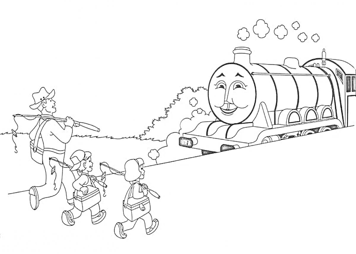 Раскраска Паровоз с улыбчивым лицом и трое людей с ранцами и тросточками на пути