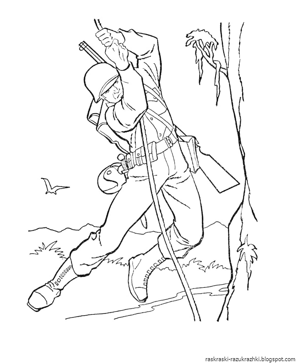 Раскраска Солдат, спускающийся по веревке у обрыва с ружьем, флягой и фоном с птицей и деревьями
