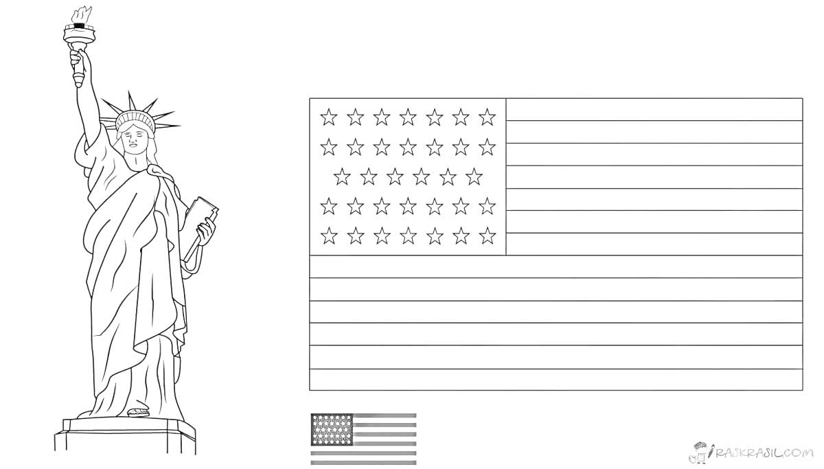 Статуя Свободы и флаг Америки для раскрашивания