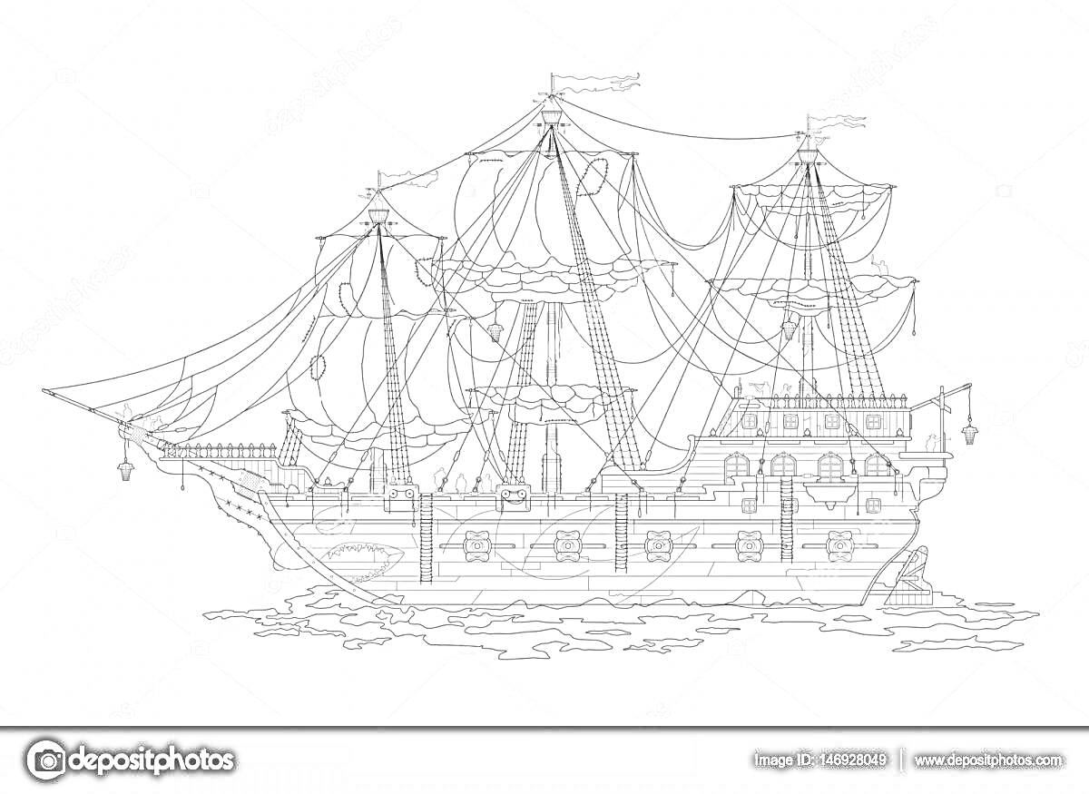 На раскраске изображено: Корабль, Пираты, Море, Паруса, Палуба, Волны