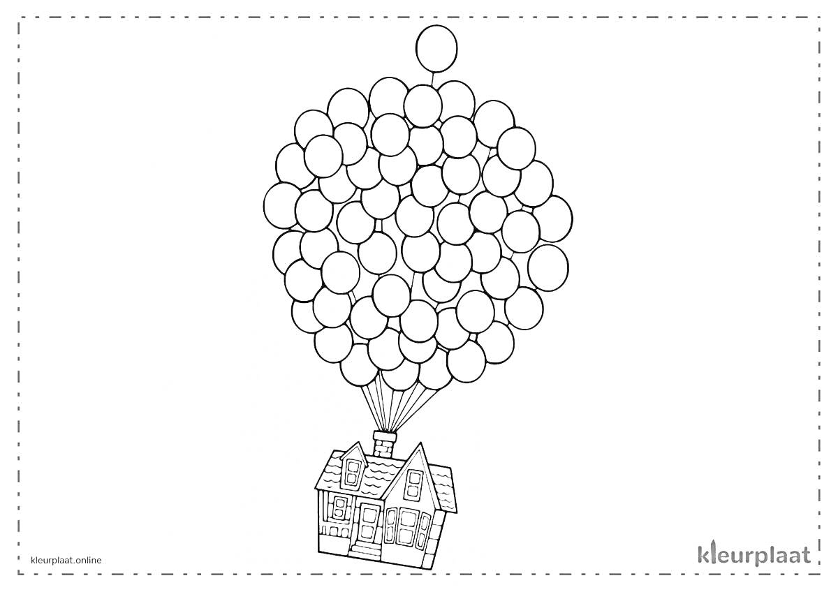 На раскраске изображено: Дом, Воздушные шары, Связка шаров, Полет, Приключения
