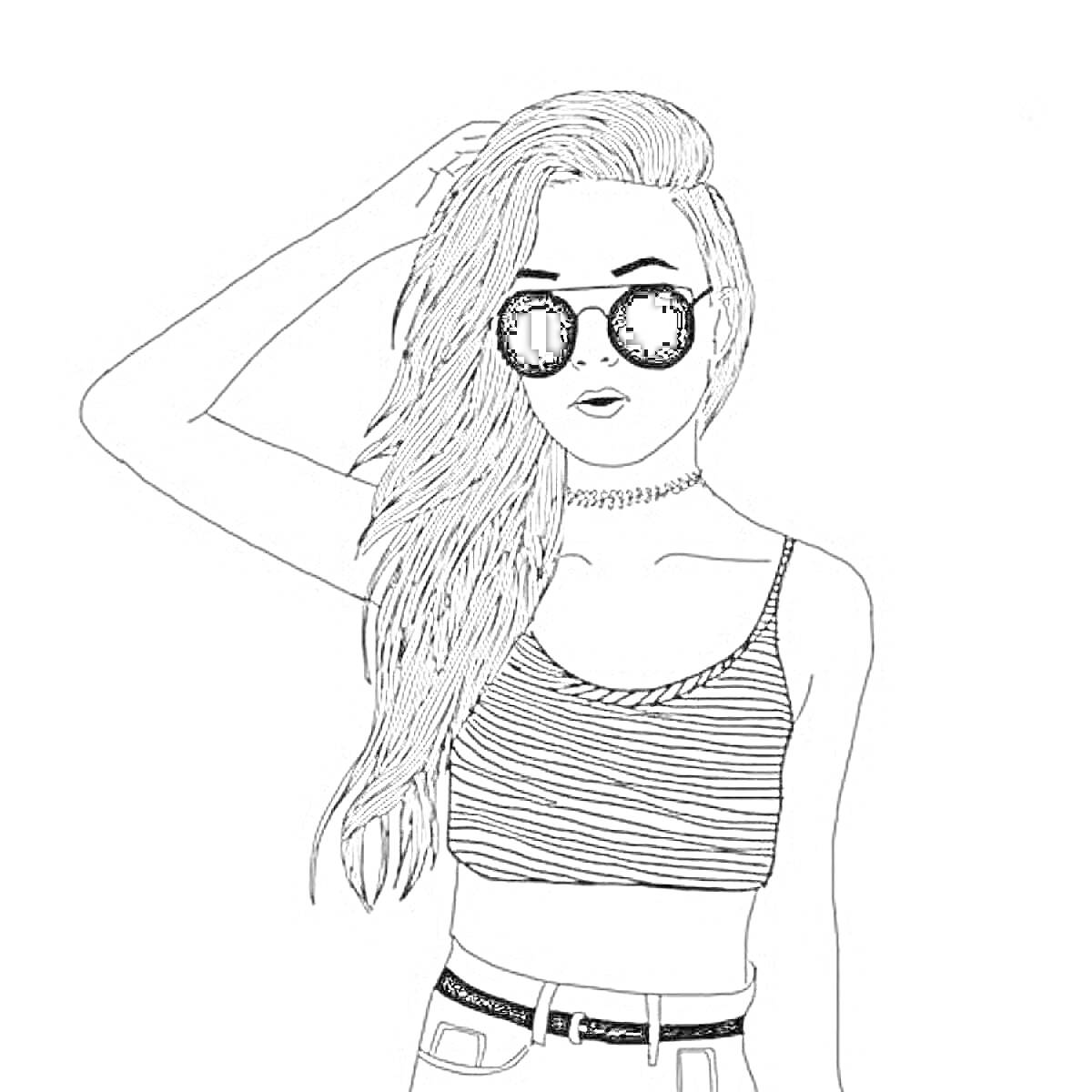 Раскраска Девушка с длинными волосами, в солнцезащитных очках, с чокером, в полосатом топе и брюках с поясом