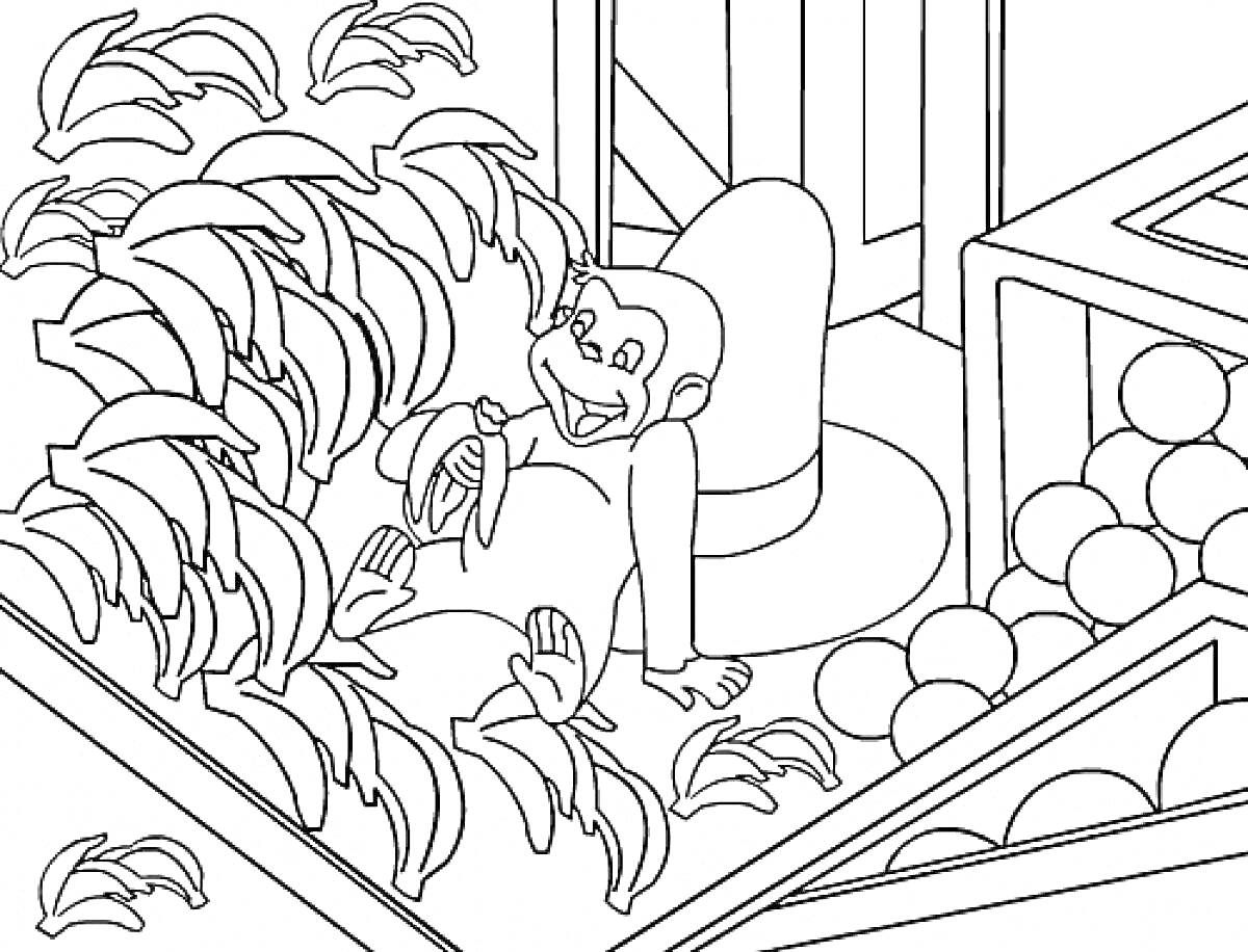 Раскраска Любопытный Джордж в бананах возле фрутового прилавка