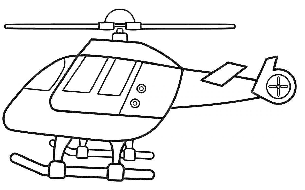 Раскраска Вертолет с окнами, вращающимся винтом и стойками для посадки