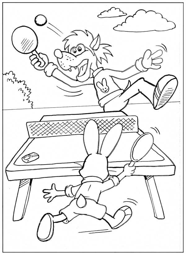 Раскраска Волк и Заяц играют в настольный теннис