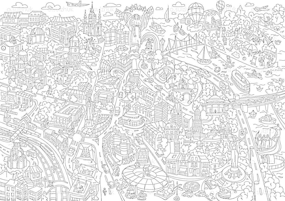 Раскраска Огромный город с детализированными зданиями, яхтами, мостами, поездами и самолетами