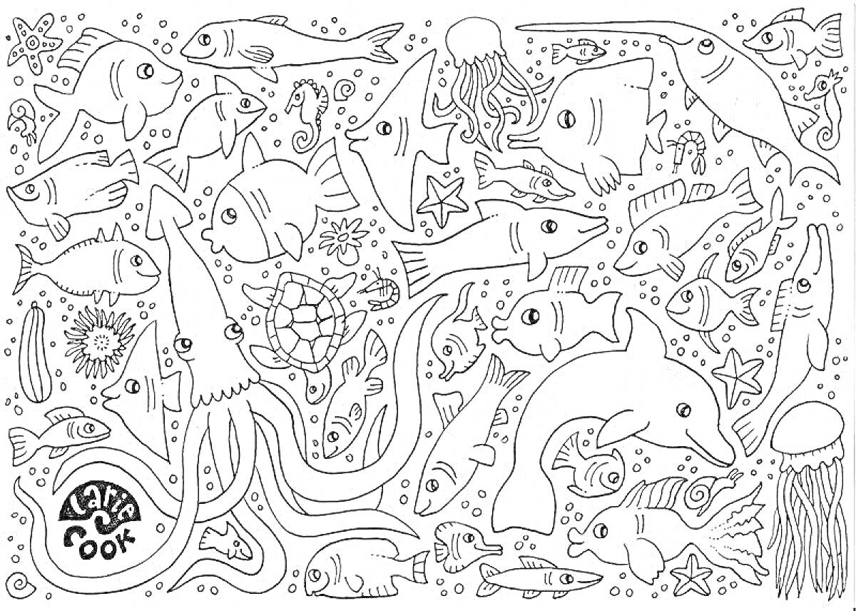 На раскраске изображено: Подводный мир, Медуза, Черепаха, Звезды, Водоросли, Внимание, Для детей, Рыба, Раковина, Осьминоги