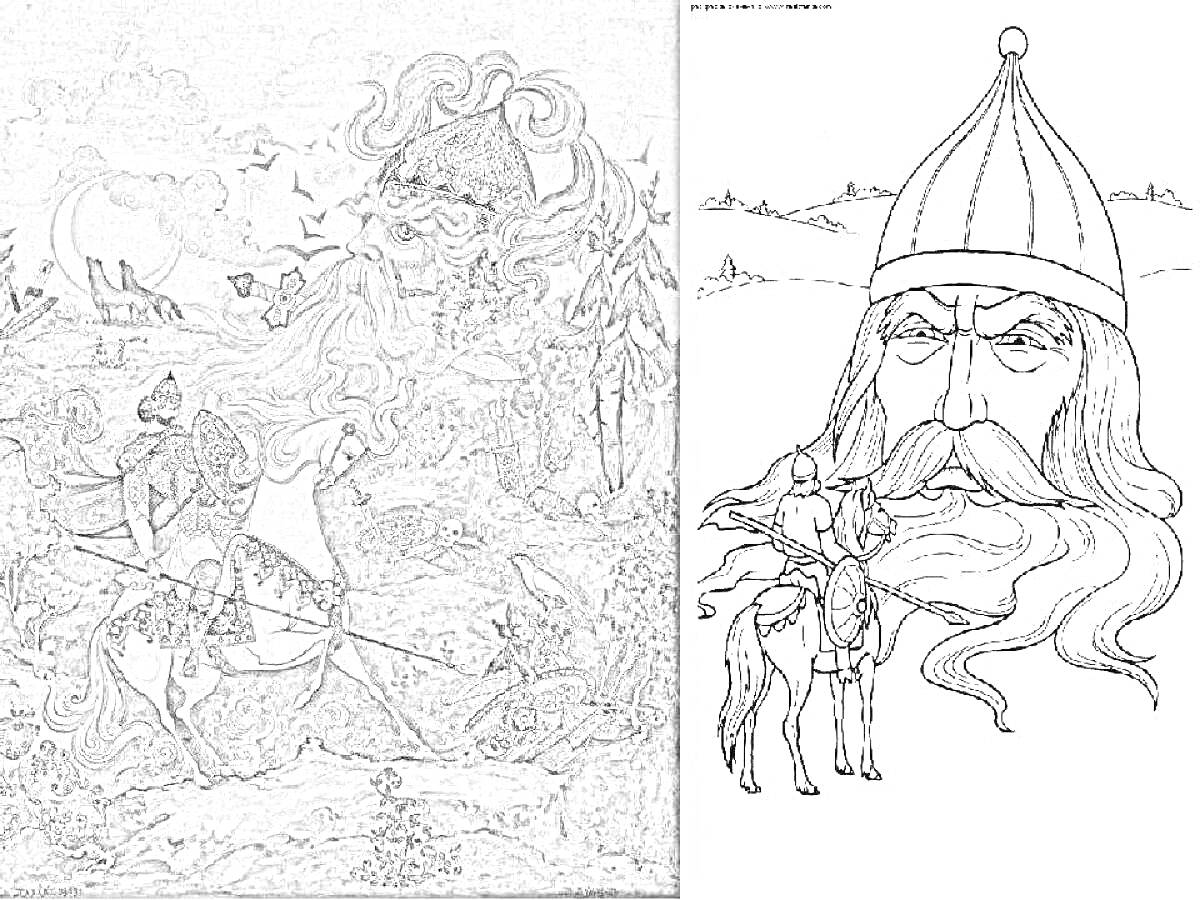 Раскраска Руслан и голова великана, людмила в плаще, лошадь, ночное небо с луной, деревни на заднем плане, ветер, облака