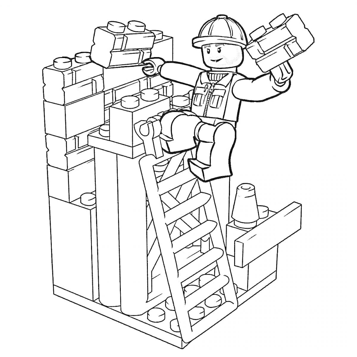 Раскраска Строитель из лего на лестнице с лего-кирпичами