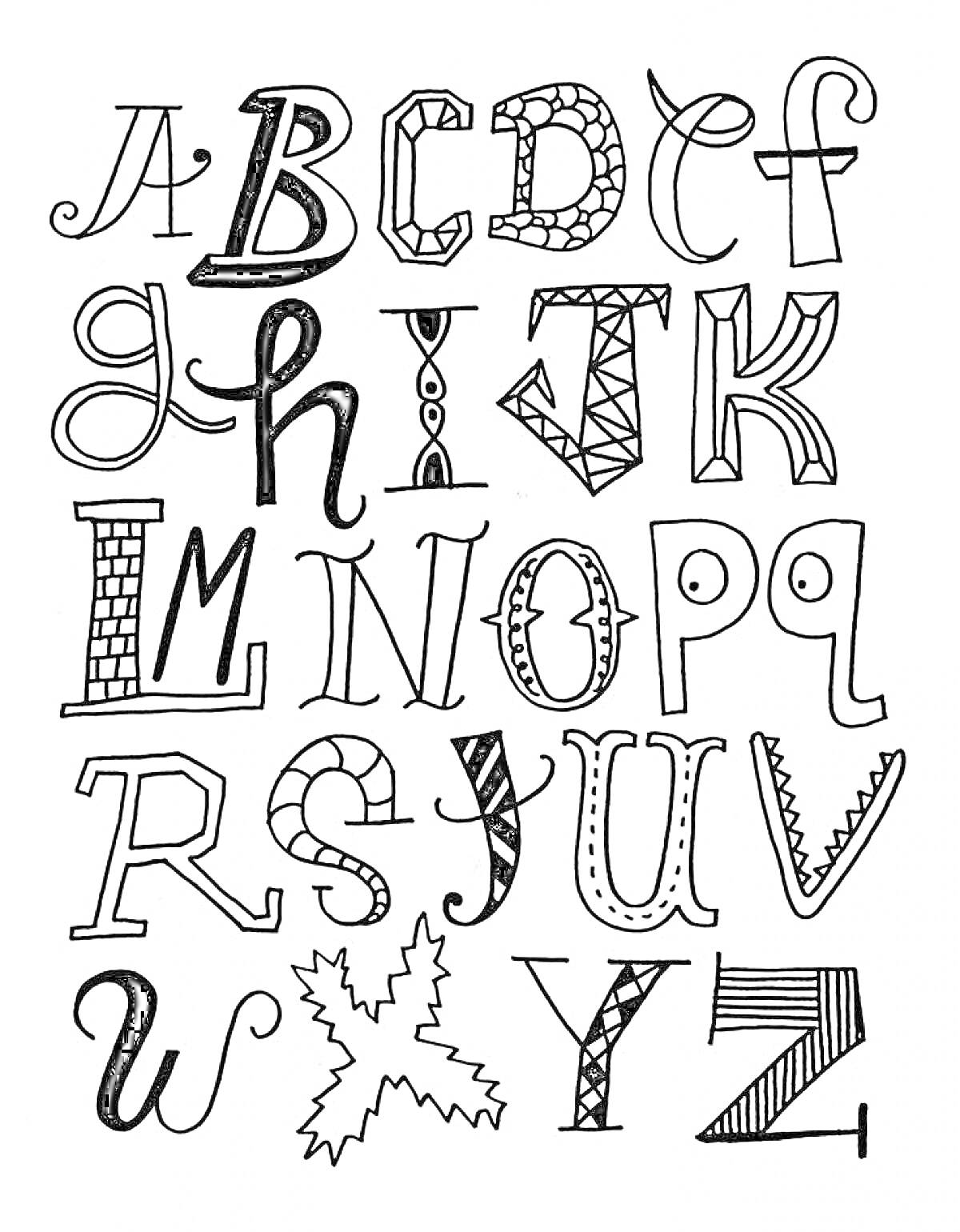 Английский алфавит с декоративными буквами для раскрашивания