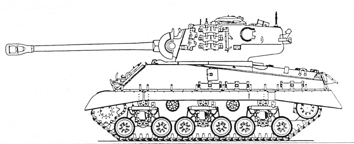 Раскраска с изображением танка с длинным орудием, катками и гусеницами