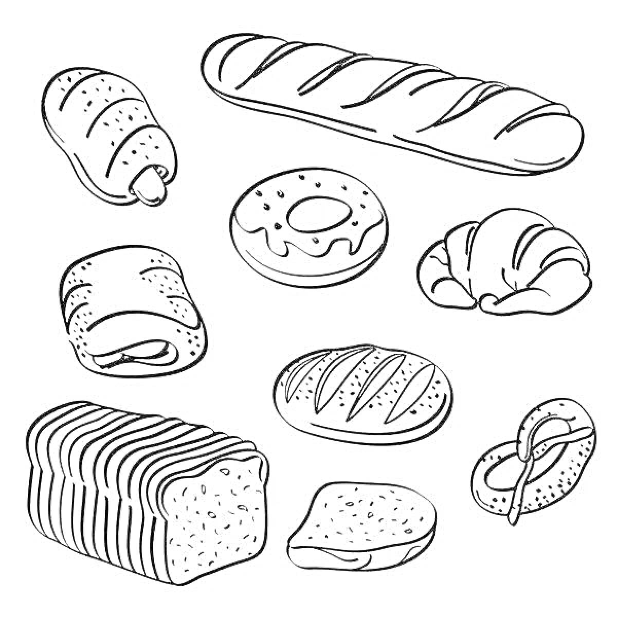 На раскраске изображено: Булочка, Багет, Пончик, Пирожок, Крендель, Нарезанный хлеб, Ломтик хлеба, Выпечка, Еда