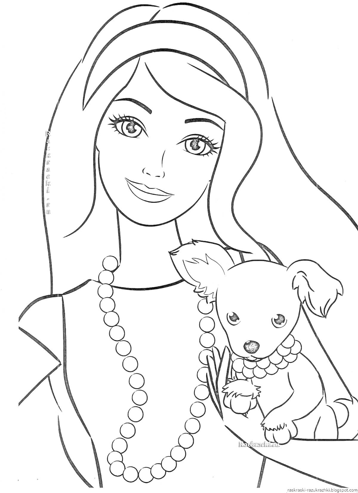 Раскраска Девочка с длинными волосами, в ожерелье и с щенком