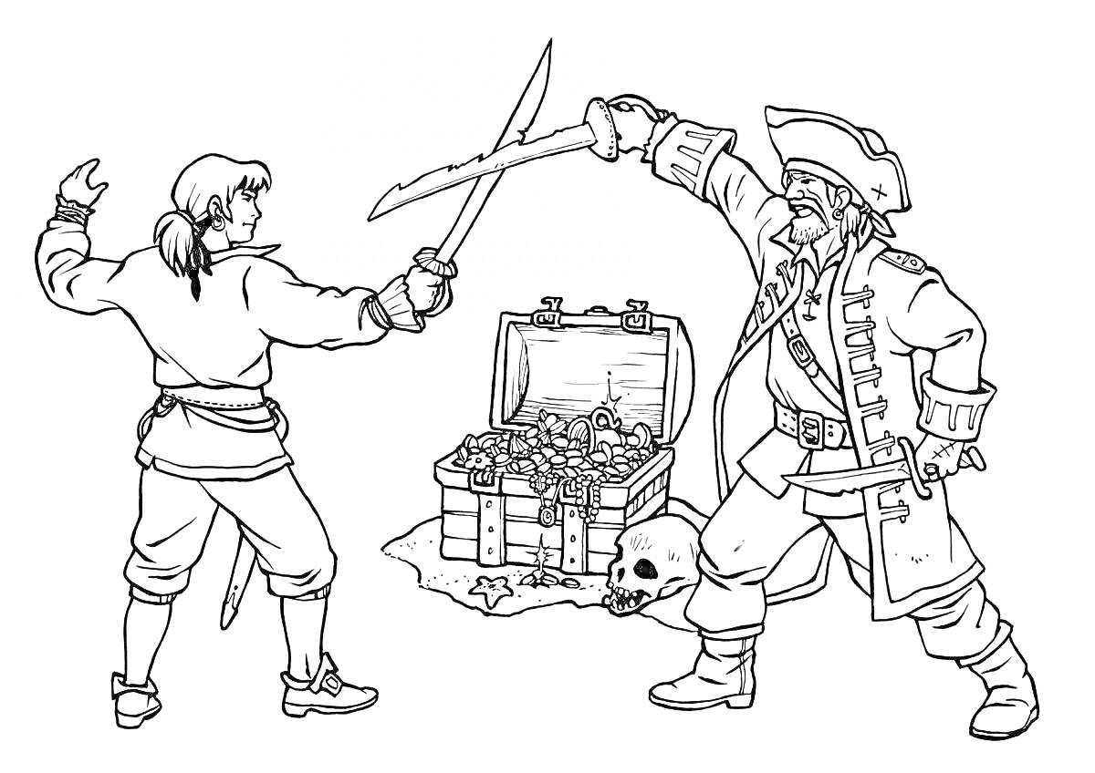 На раскраске изображено: Разбойники, Сражение, Сокровища, Череп, Кости, Пираты, Дуэль