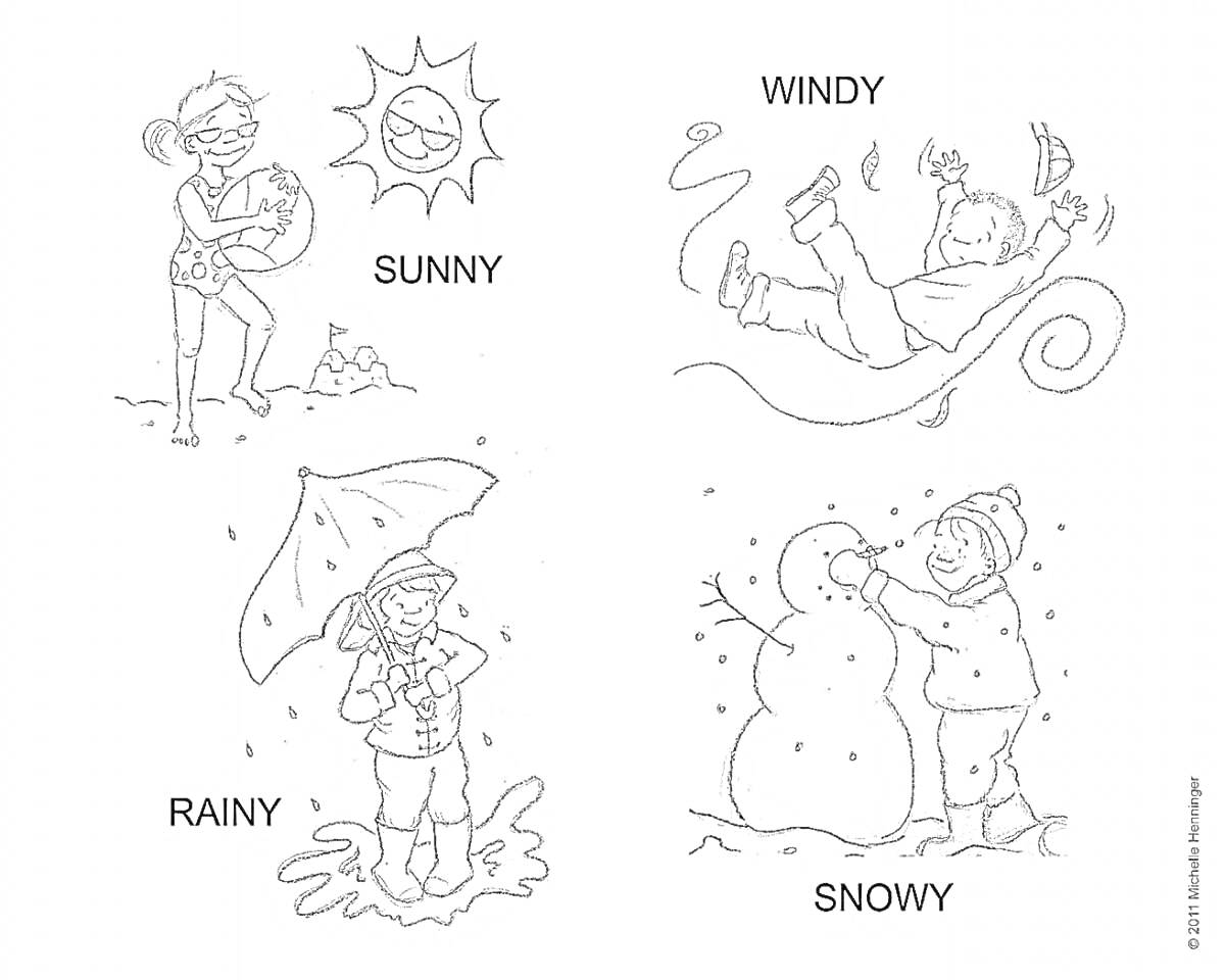 Раскраска Дети в различных погодных условиях: солнечная погода с солнцем и девочкой у песчаного замка; ветреная погода с мальчиком, увлечённо катающимся на ветру вместе с листьями; дождливая погода с девочкой под зонтом и лужами; снежная погода с мальчиком, лепящим