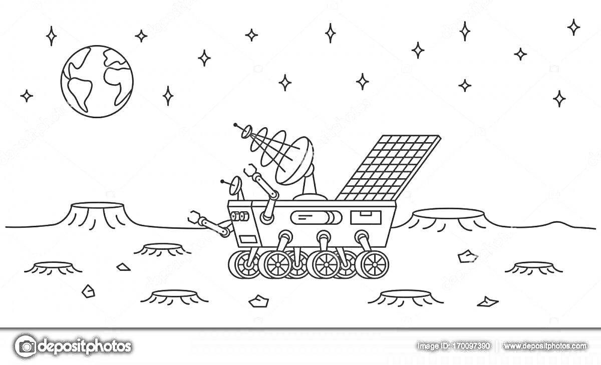 Раскраска Марсоход с антеннами и солнечной панелью на поверхности Марса, с Землей и звездами на фоне