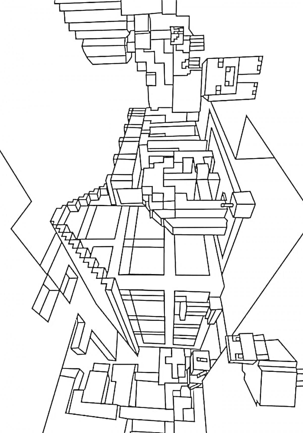 Раскраска Майнкрафт город, вид на улицу с зданиями и лестницами