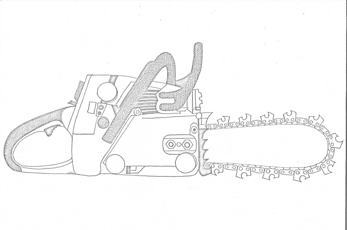 На раскраске изображено: Бензопила, Инструмент, Цепь, Ручка, Кнопки, Детали, Двигатели