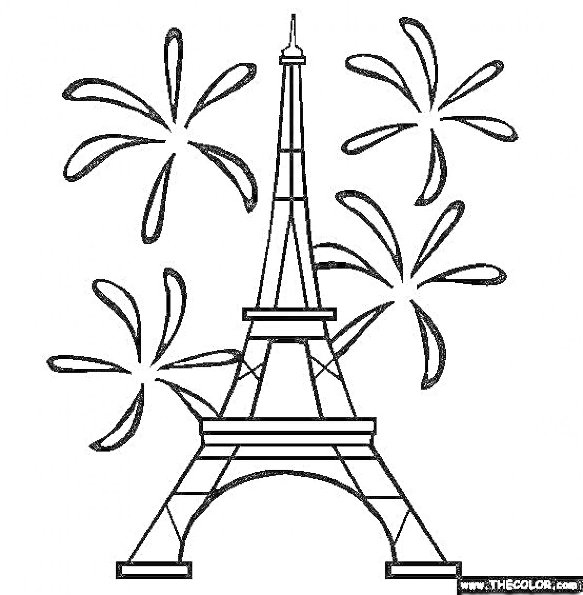 Раскраска Эйфелева башня с фейерверками