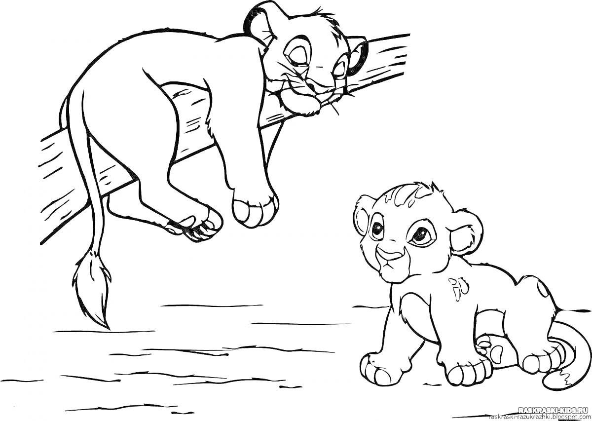 На раскраске изображено: Симба, Нала, Король лев, Ветка, Львята