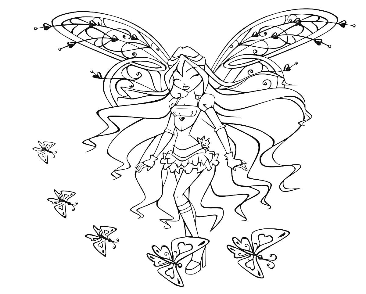 Раскраска Фея с длинными волосами и крыльями посреди летающих бабочек