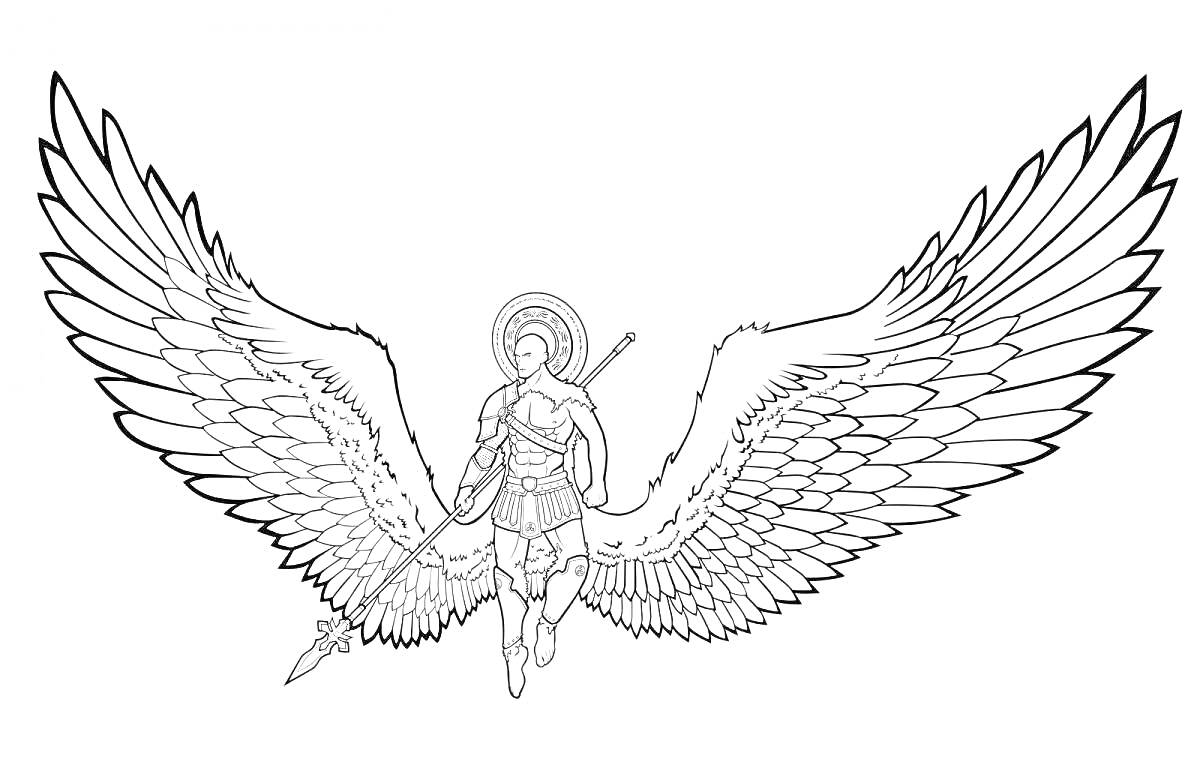Раскраска Архангел Михаил с большой парой крыльев, в броне с копьем