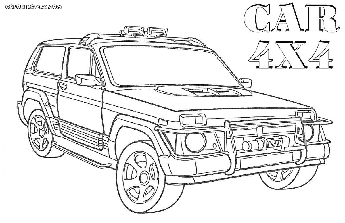 На раскраске изображено: Полицейский джип, 4x4, Внедорожник, Световые сигналы